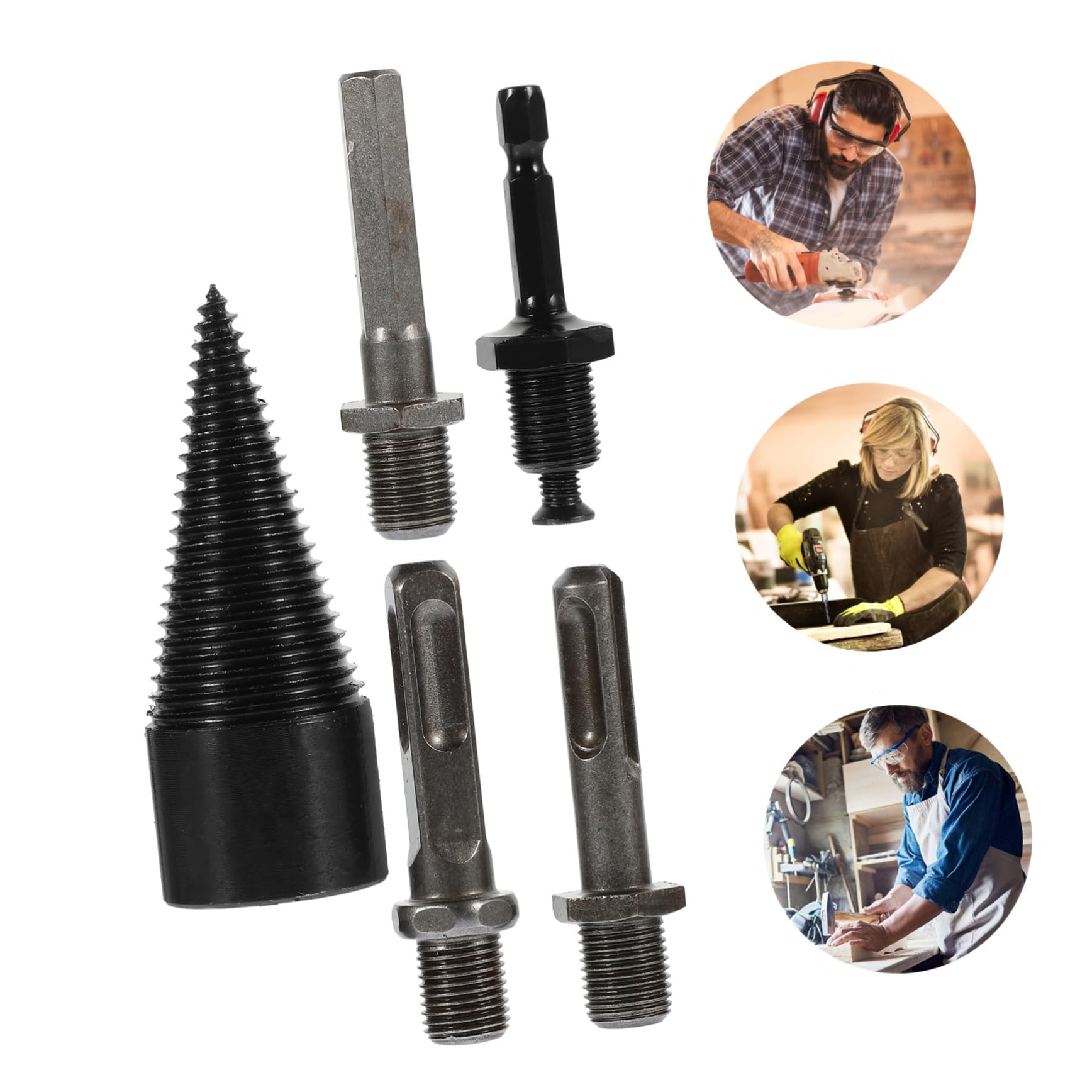 HEMOTON 4 Set Manufatto Di Legna Da Ardere Punte Per Legna Da Ardere Spaccalegna Per Legna Da Ardere Coni Per Punte Da Trapano Per Legno Black Acciaio Al Carbonio 5 Pezzi*4