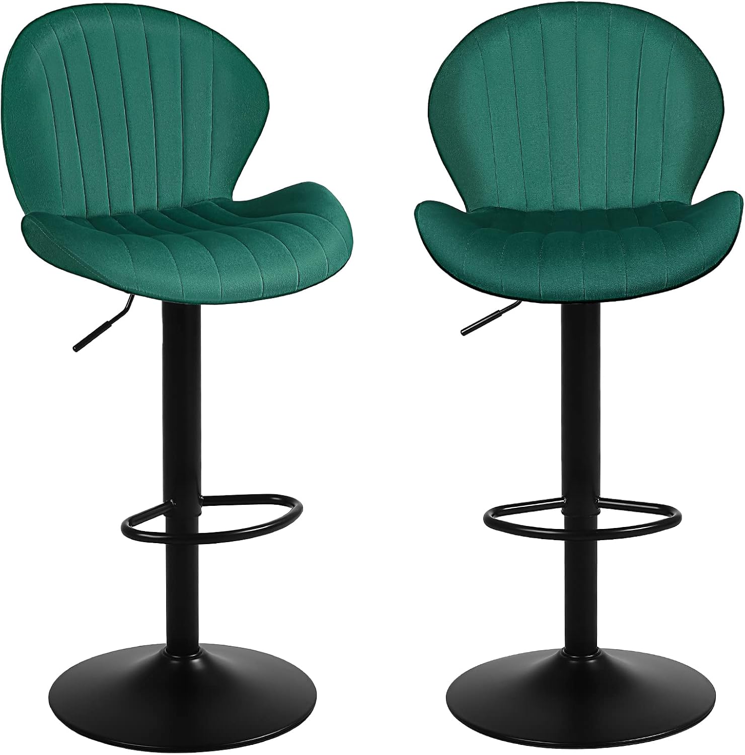 Youhauchair Modern Bar Stools Set of 2, Velvet Height Adjustable Swivel Barstools, Armless Kitchen Island Counter Chairs with Back & Footrest, Green