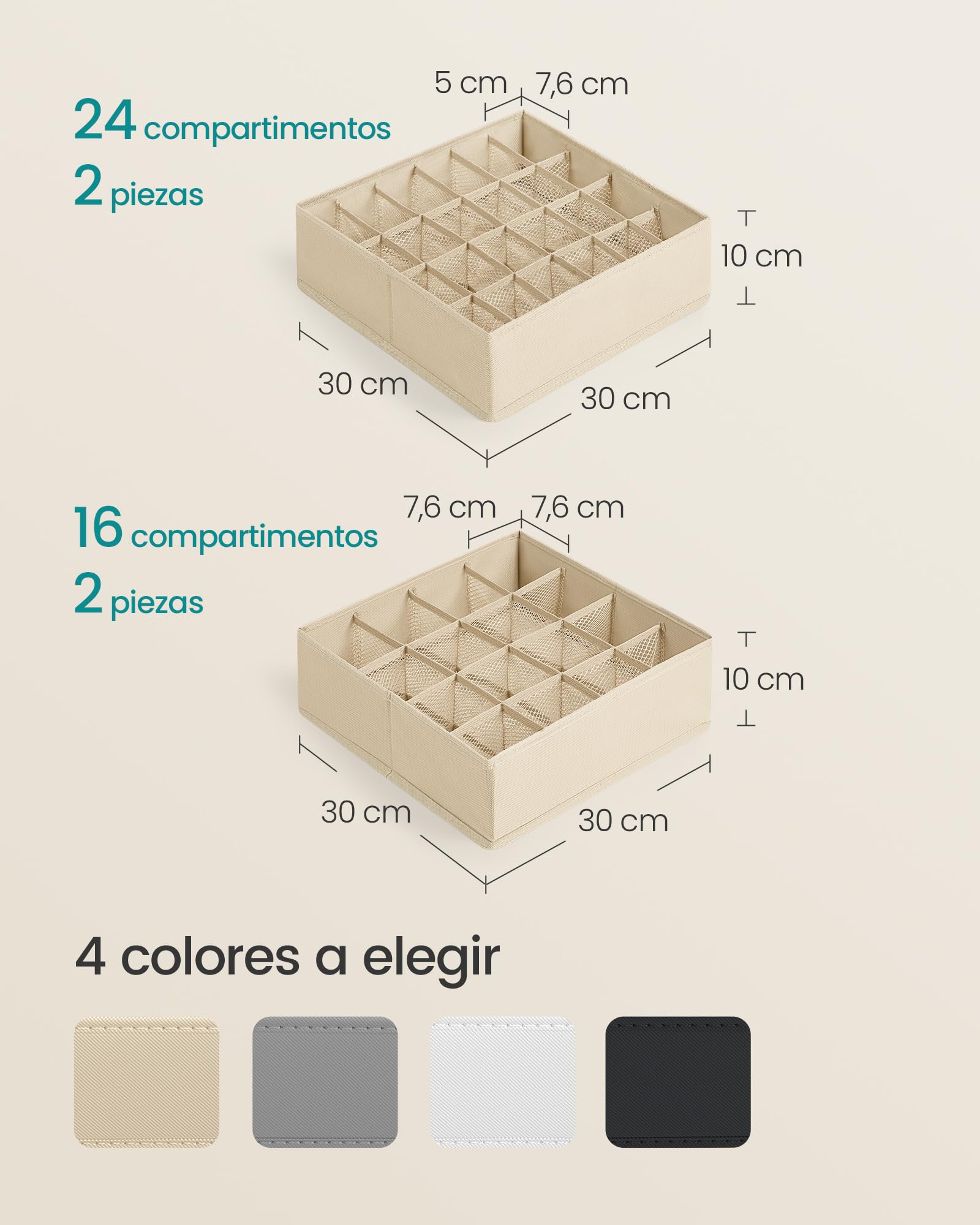 SONGMICS Juego de 4 Organizadores de Cajones, 80 Compartimentos, Cajas Plegables, 30x30x10 cm, Beige Arena