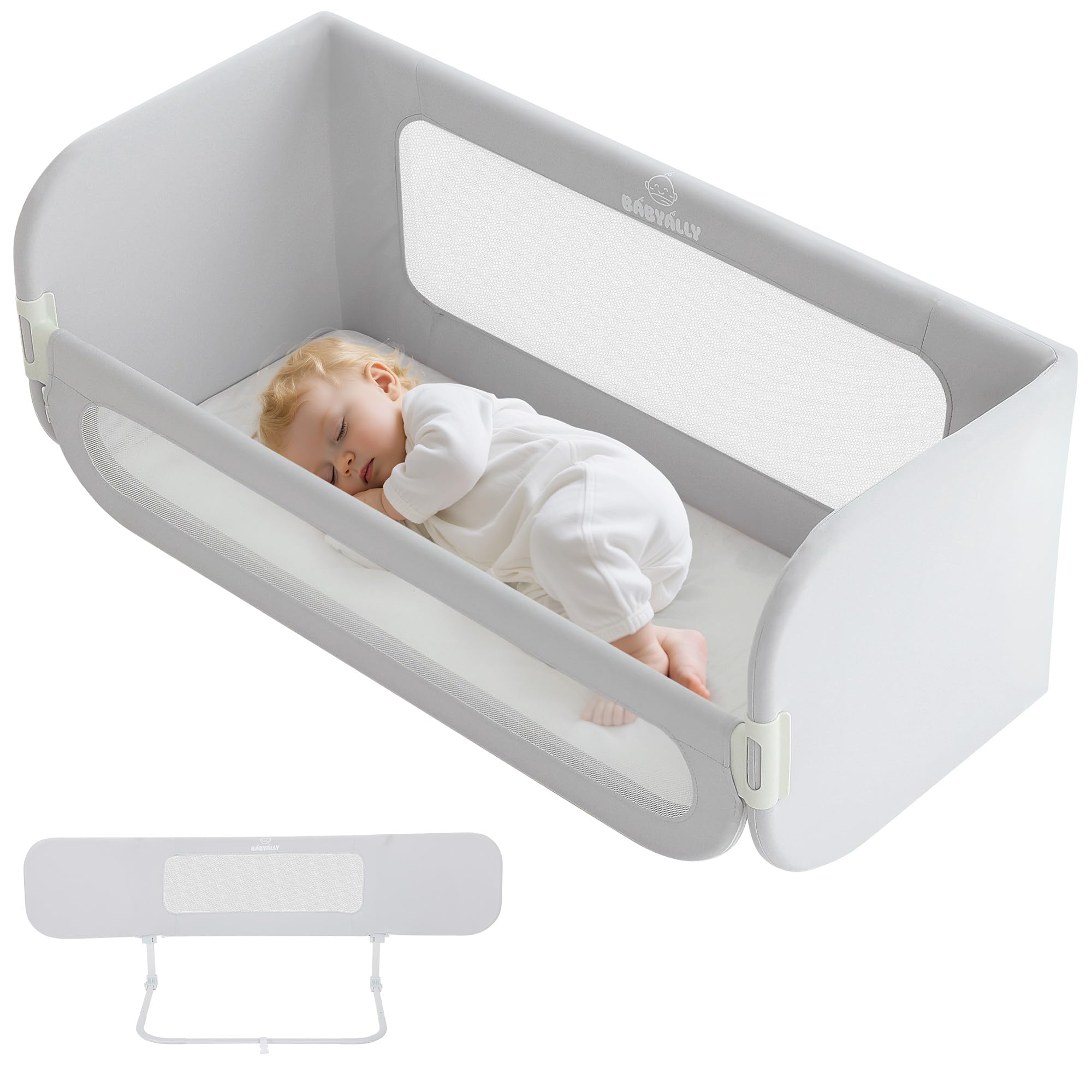 2 en 1 Barrera de Cama Abatible 185cm, Cuna Colecho con Bolsa de Transporte Viaje para Viajar o Vacaciones - Sin instalación, Fácil de Transportar - Gris