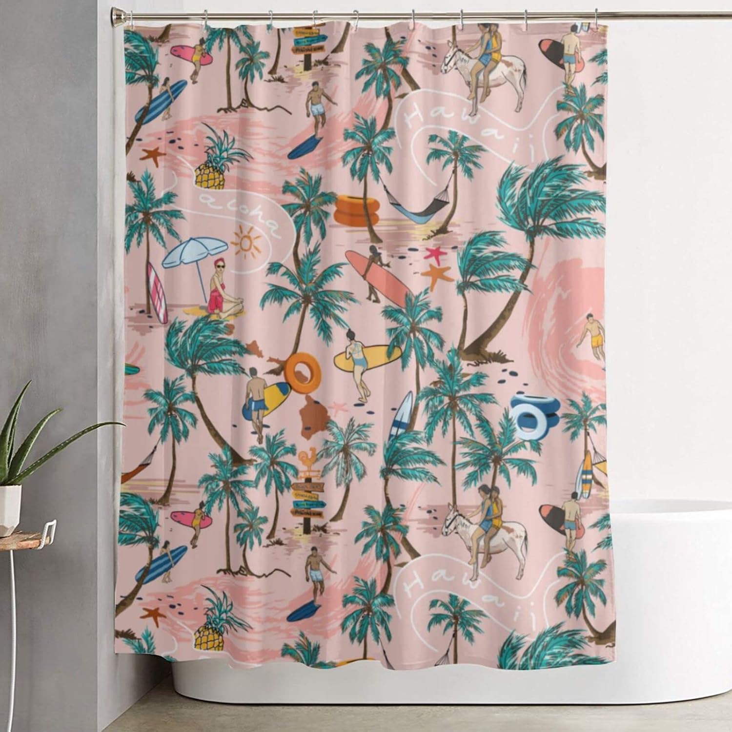 Surf Beach Palm Tree Shower Curtain Liner Fabric for Bathroom Water-Proof with 12 Hooks Quick-Drying Weighted Hem Durable and Washable Shower Curtains Set 60 X72 Inches