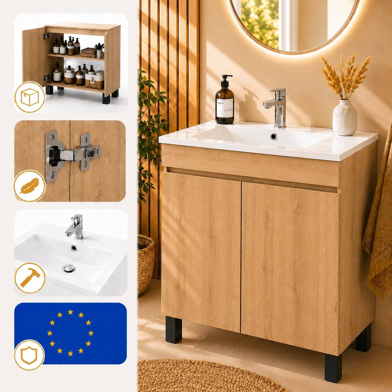 Meuble Lavabo Valencia 80 cm, Chêne Lancelot, 60