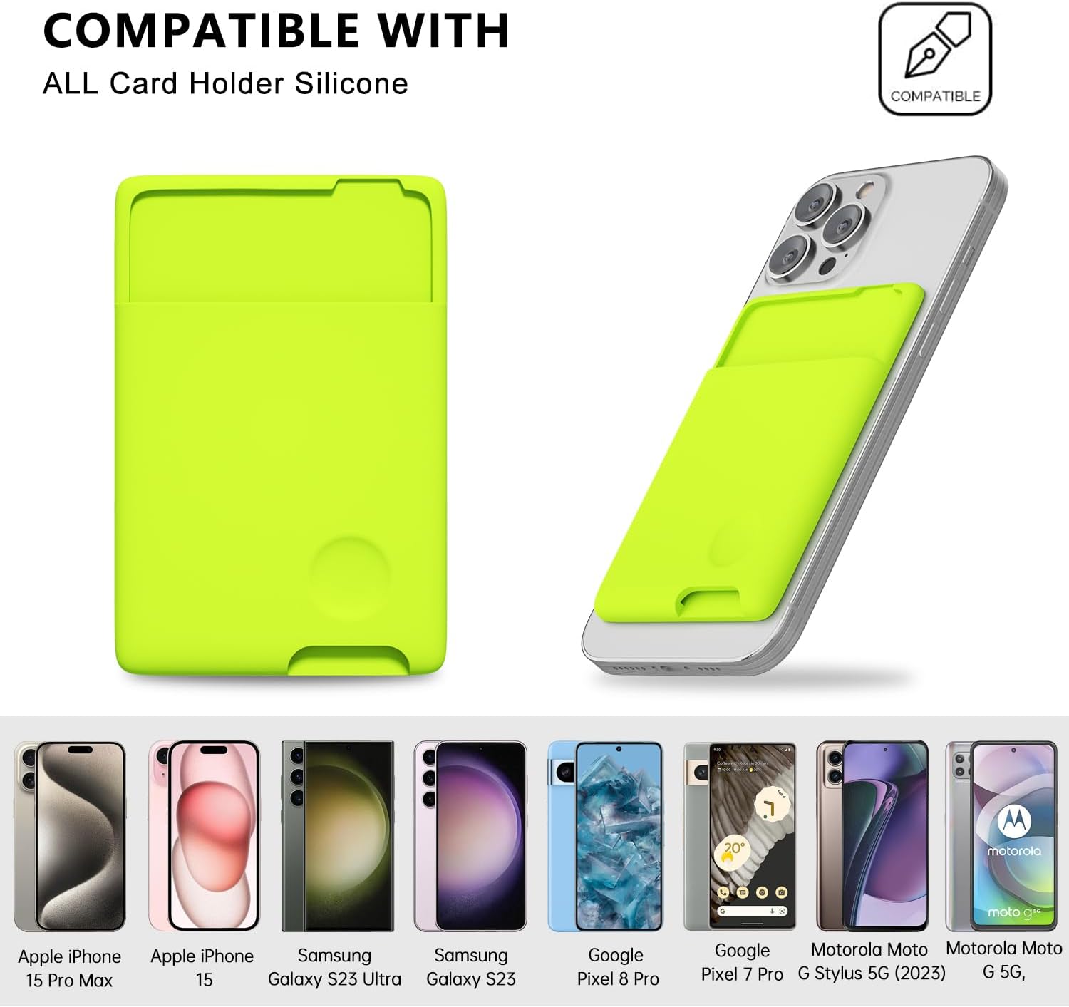 oakxco Phone Wallet Stick On, Secure Phone Card Holder Silicone, Adhesive Pocket Sleeve ID Credit Card, Slim Thin Card Case for Men Women Cute, Compatible with Apple iPhone Samsung Pixel, Neon Green - Image 2