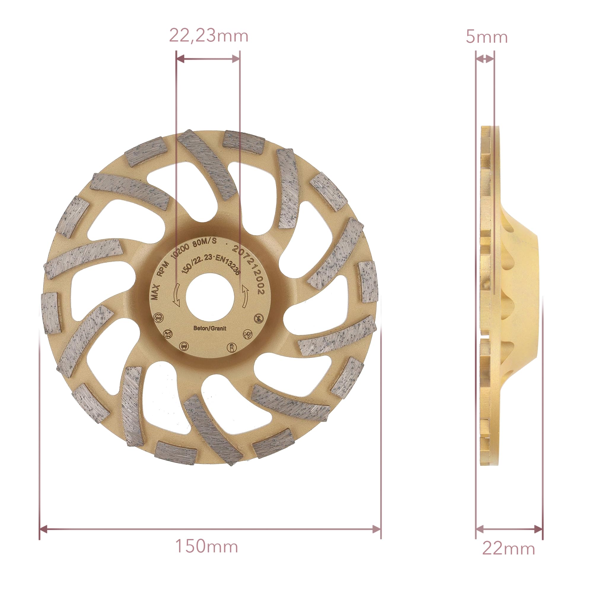 PRODIAMANT ST81 Meule boisseau diamantée turbo 150 mm x 22,23 mm pour béton et pierre naturelle
