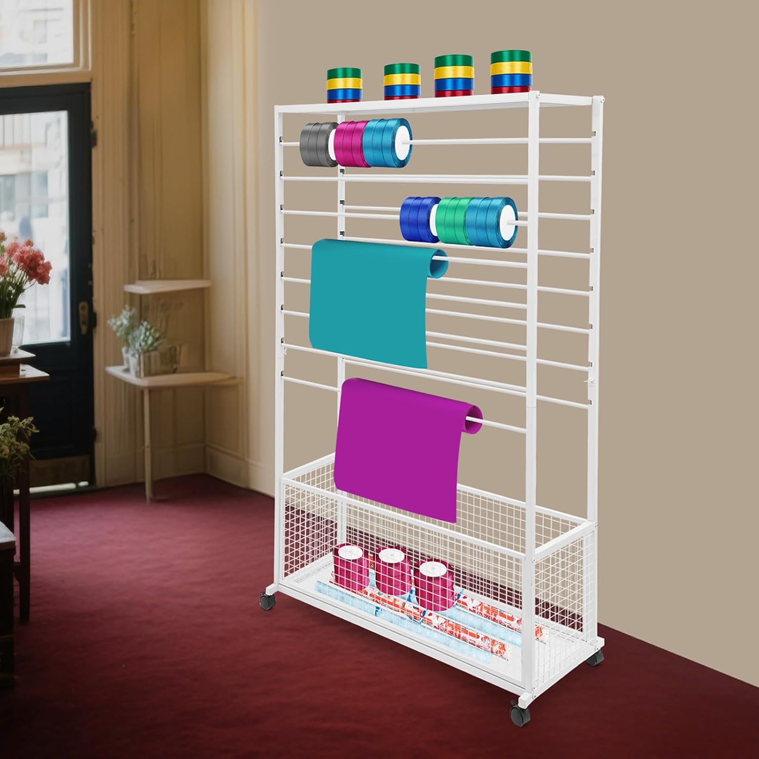 TFCFL 16-Tier Rolling Ribbon Organizer Rack, Double-Sided Metal Display Stand with Storage Shelf & Lockable Wheels, Floral Wrapping Paper Stand for Home, Craft Room, Gift Shop, (White)