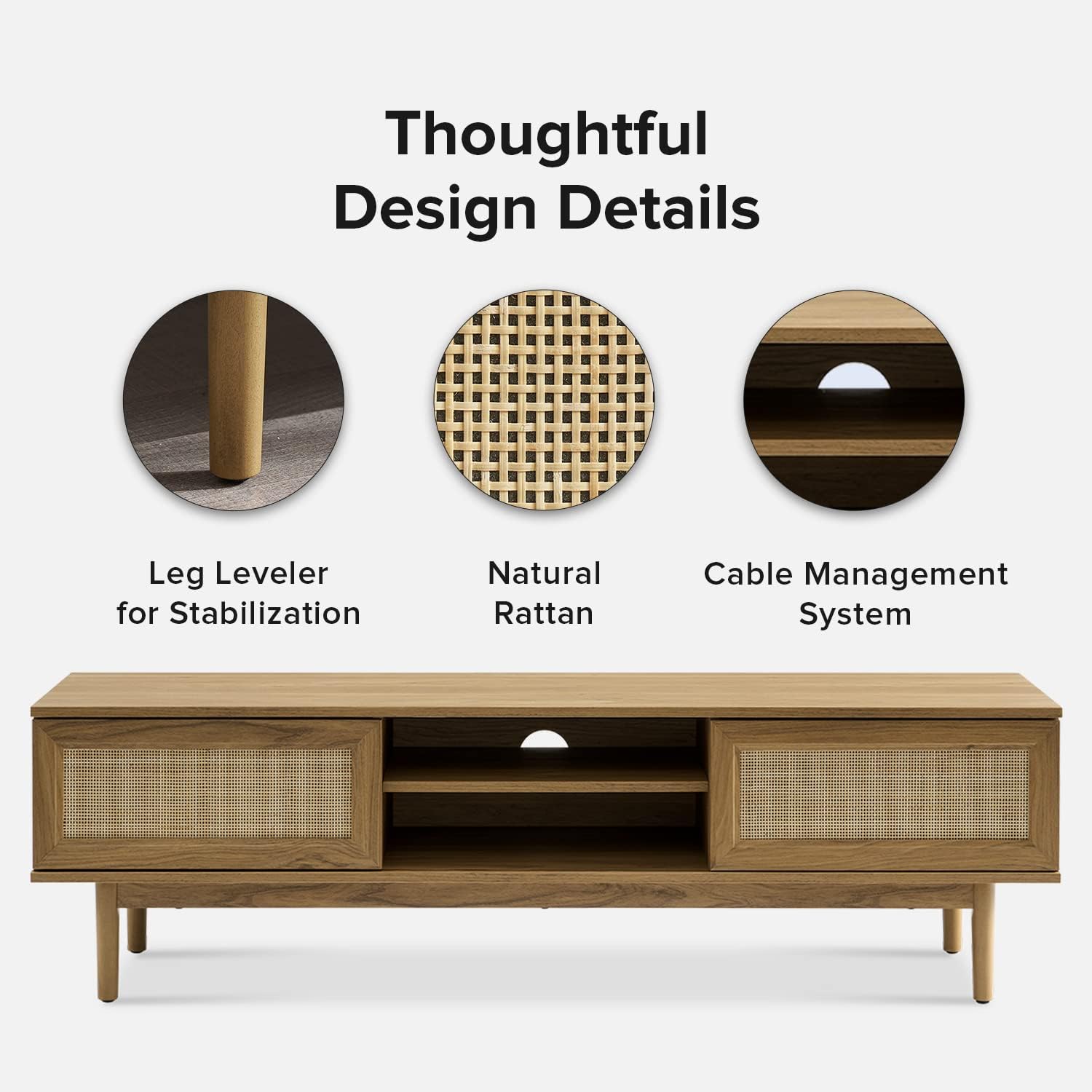 mopio Haylee TV Stand, Modern Farmhouse Television Stand for 55/60/65 inch TV, Natural Rattan Boho Entertainment Center with Storage, Media Console Credenza Table for Living Room, Bedroom (Oak 59")
