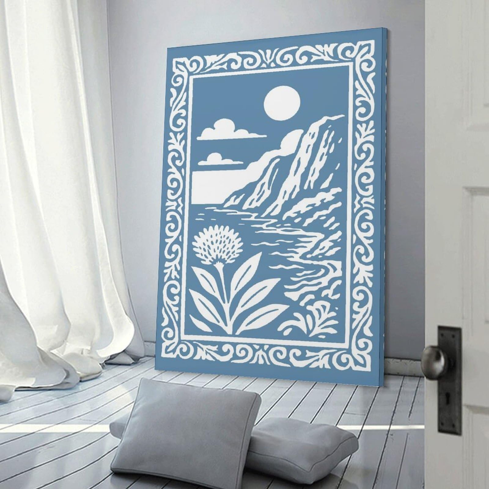 Junmoney Frame-Style-13-1 Monochromatic Landscape With Floral Border Home Decor Wall Art, 12X18inch(30X45cm), For Apartment Walls, Studios Or Work Areas, Decorative Canvas Decor For Home Updates