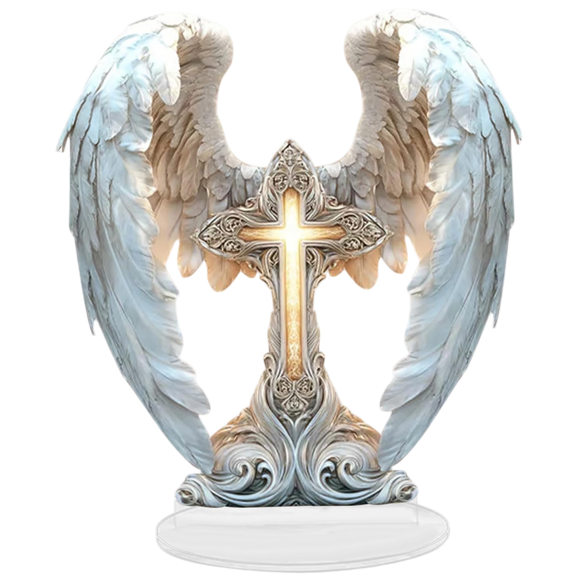 Hintyne Cross Decor Acrylic Cross, Realistic Detailed Angel Figurines with Wing, Religious Home Decor for Garden, Office, Church