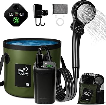 Portable Shower for Camping, 6000mAh Camping Shower with 5.3 Gallon Collapsible Bucket Filtered Shower Head, Outdoor Camping Shower Pump for Hiking/RV, Travel, Car Wash/Pet Bath