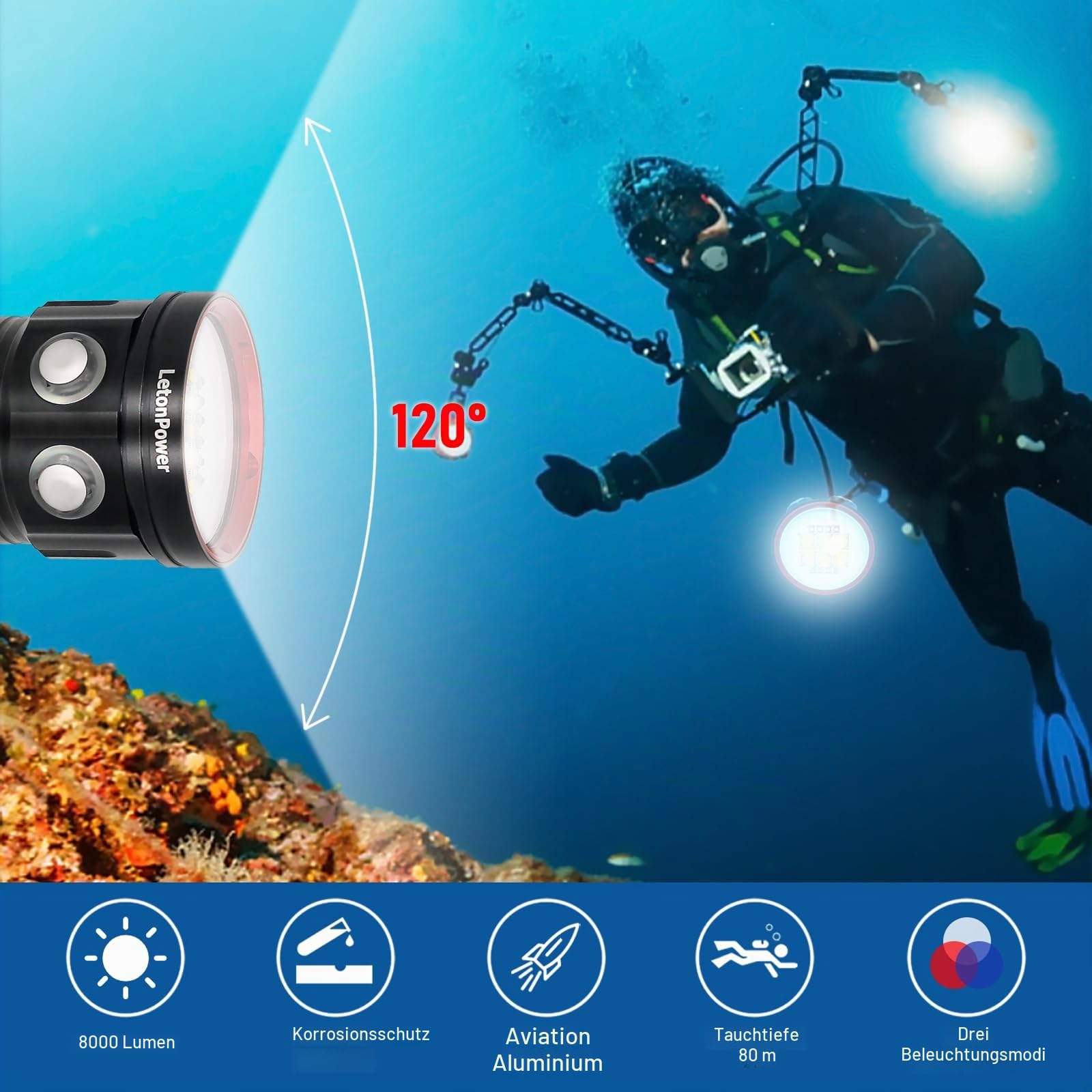 B15 Tauchen Taschenlampe 8000 Lumens Super Bright Underwater 80m Video Light Scuba Dive Light