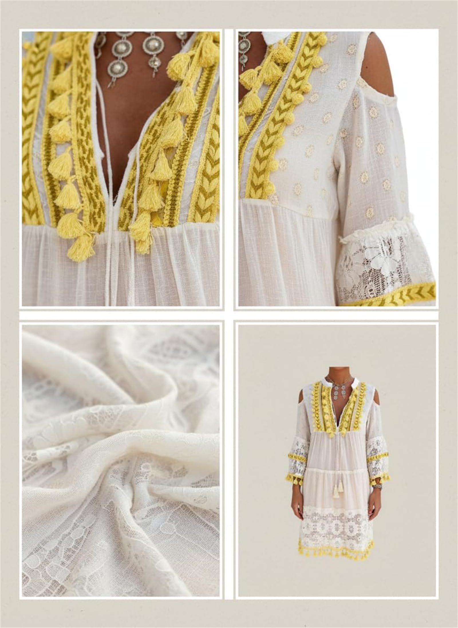 Minivestido para Mujer con Bordado, Escote en V y Hombros Descubiertos; Vestido Estilo Boho con Mangas Acampanadas 3/4, Encaje, croché y Adornos de borlas