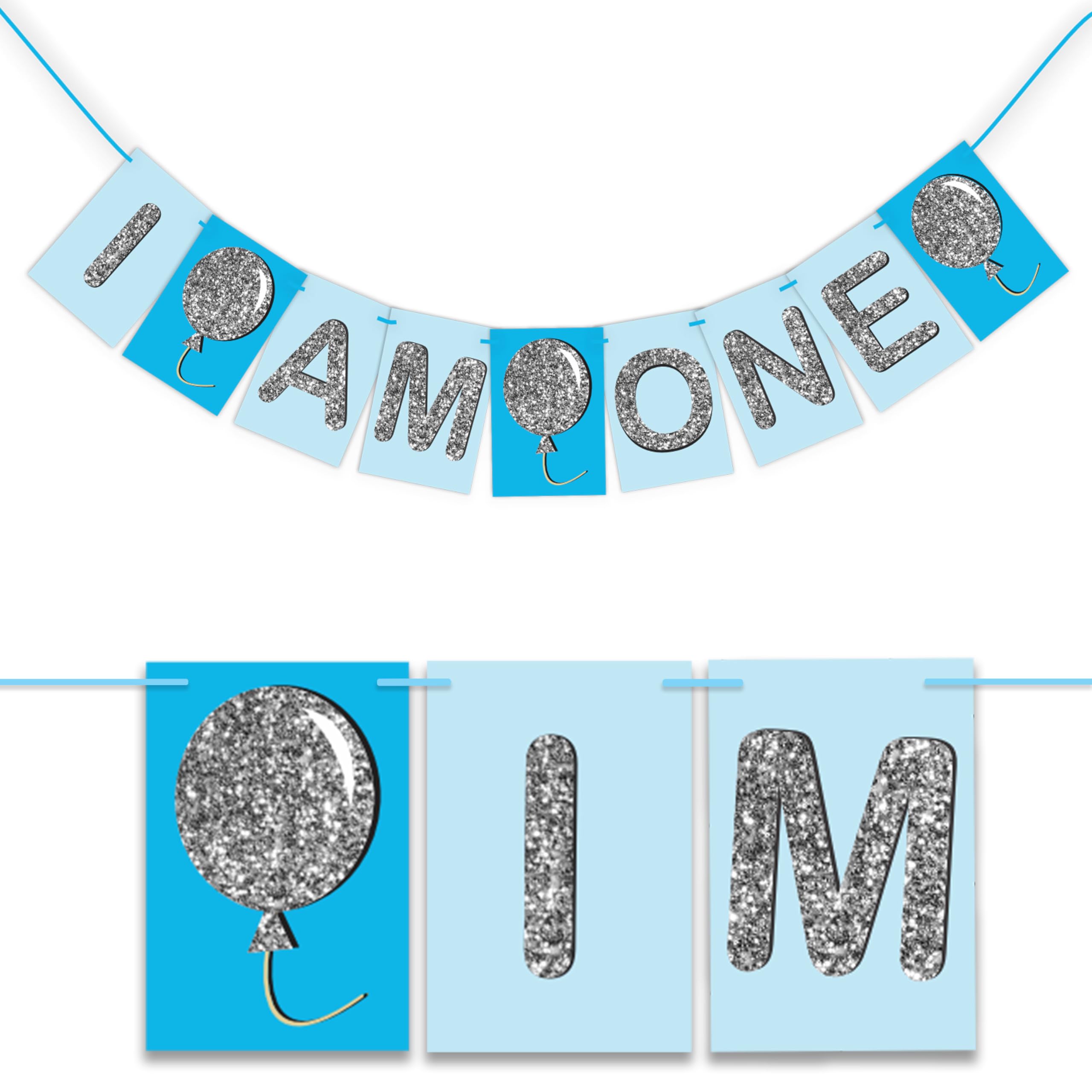 Wobbox First Birthday Party Bunting Banner (I Am One) Blue and Silver, Party Decoration Set of One, Pre-Strung