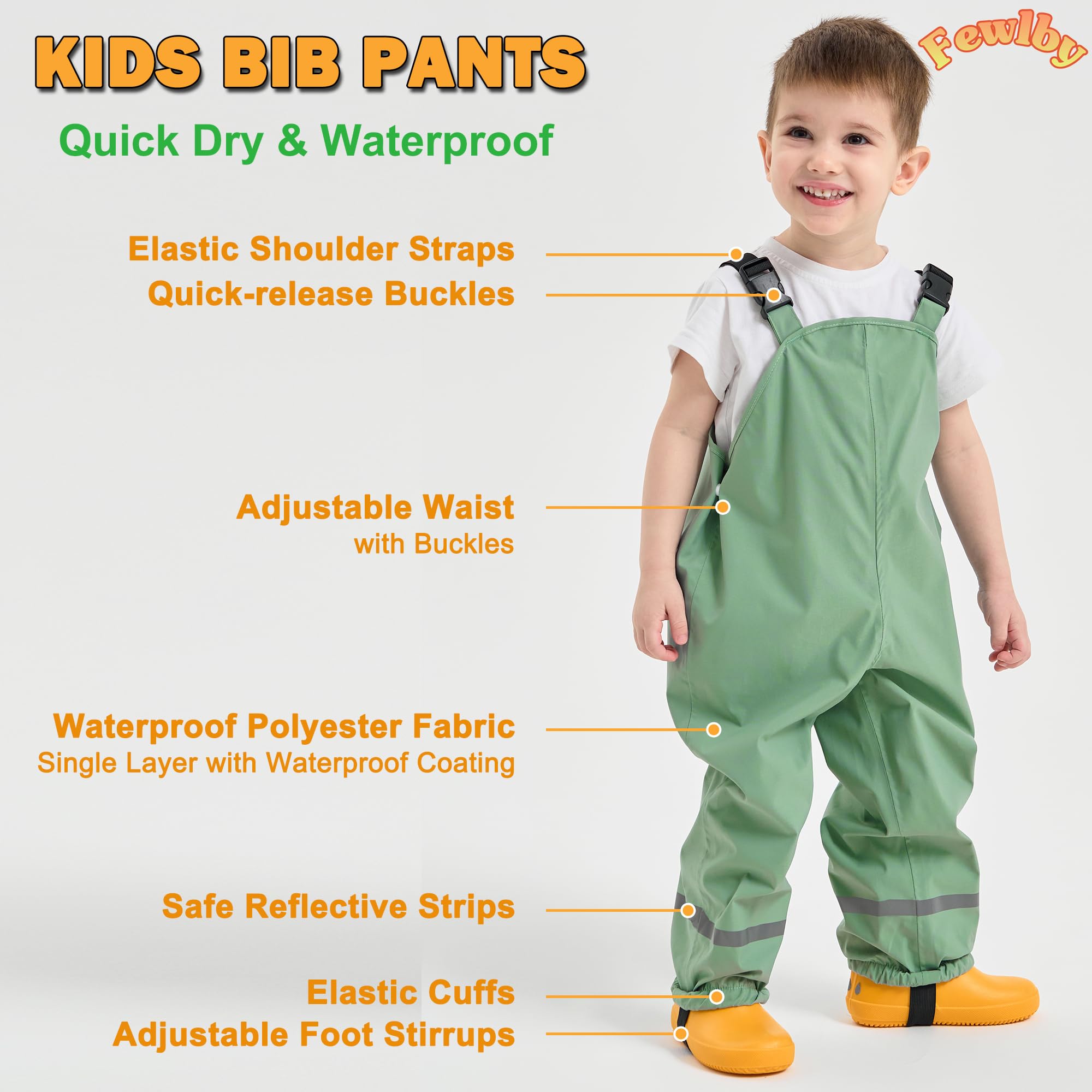 Fewlby Pantalon Imperméable Enfant, Pantalon de Pluie Salopette Filles Garçons Combinaison de Pluie Réutilisable Vêtements de Pluie