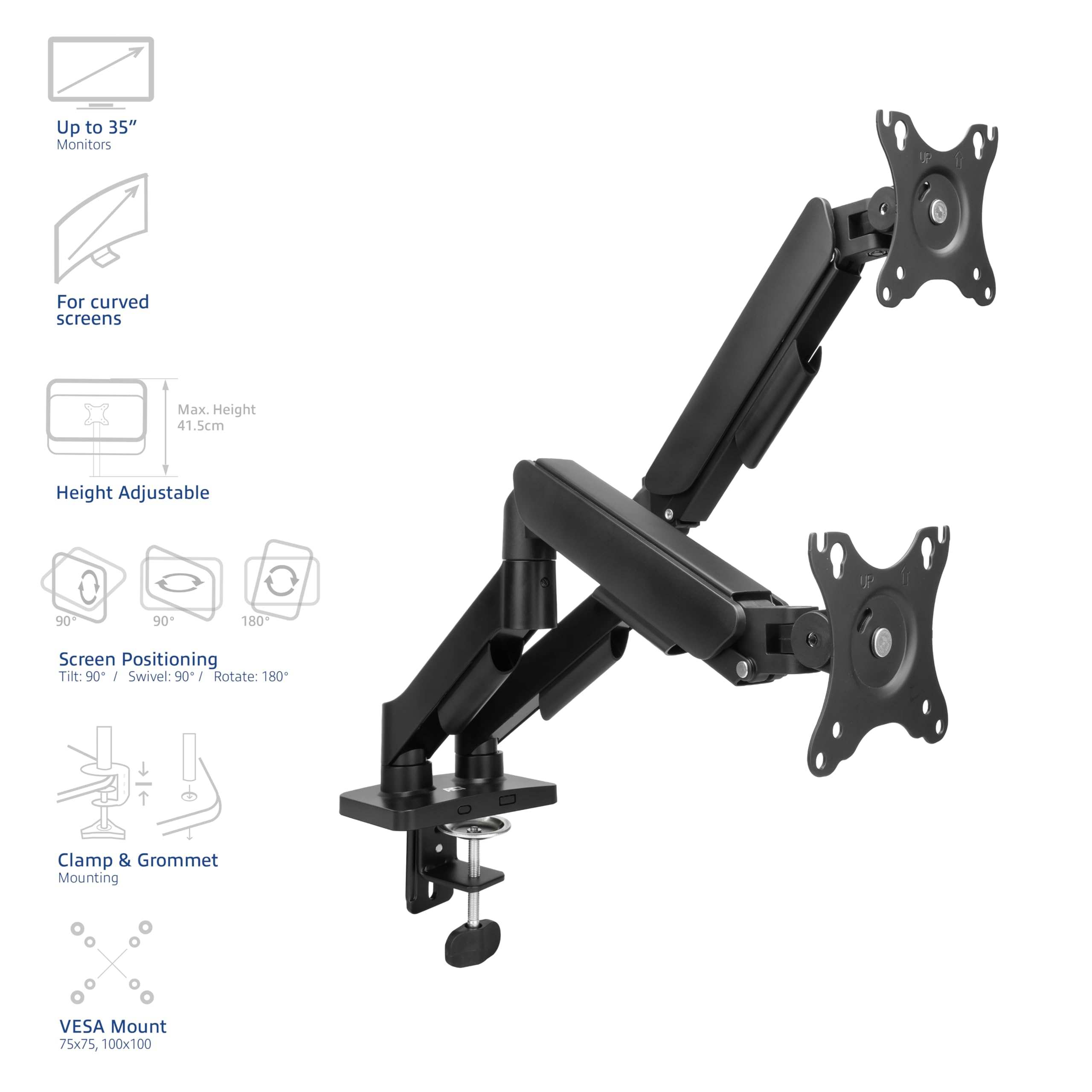 Supporto ACT Monitor per 2 monitor con schermi fino a 35 pollici, con molla a gas, 9 kg per braccio, regolabile in altezza, ideale per postazioni di lavoro flessibili AC8314