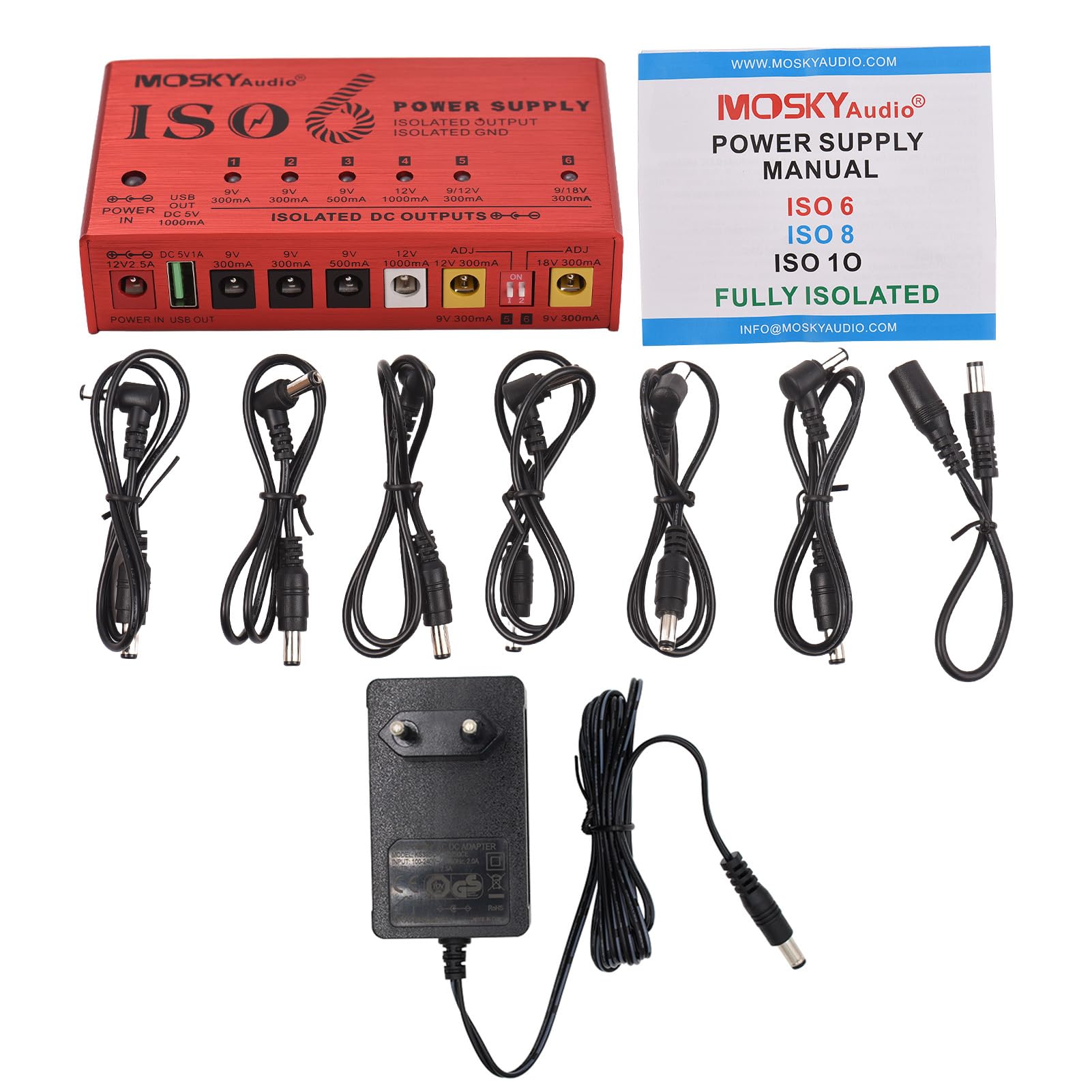 HUIOP Alimentatore per Strumenti Musicali a 7 canali con Protezione Indipendente da cortocircuito Indicatore di Alimentazione a LED 6 uscite CC e 1 Uscita USB per Pedale Effetto Chitarra Altri