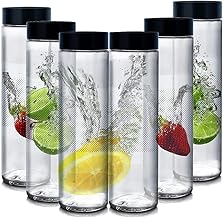 Rokzo Set Of 6 Glass Bottles Wide Mouth Glass Water Bottle with Leak-Proof Airtight black plastic Lid for Water, Smoothie, Juices With Black plastic long Cap - 750ml (Set Of 6)