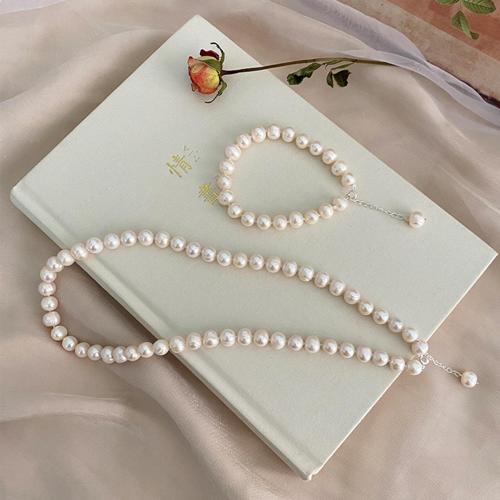 YDYDTTKD Pulsera de Collar de Plata con Conjunto de Perlas Naturales de Agua Dulce para Mujer