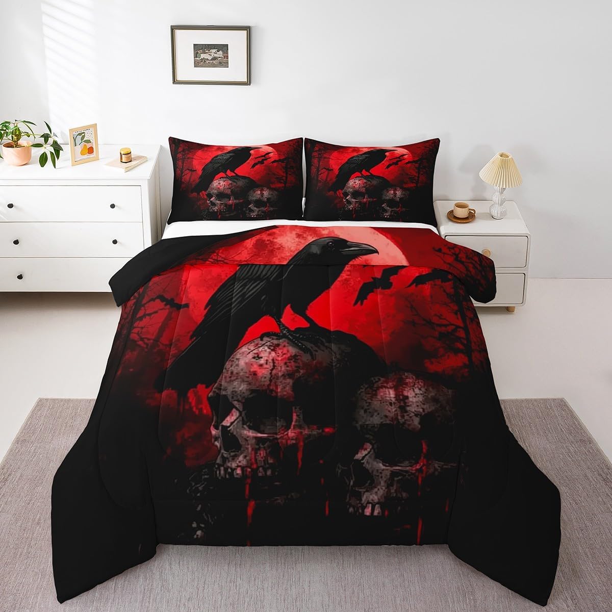Manfei Skeleton Crow Bed Comforter Set Queen Size,Skull Skeleton Super Soft Microfiber Bedding Set for Girls Boys,Happy Halloween Decorative Quilter Set