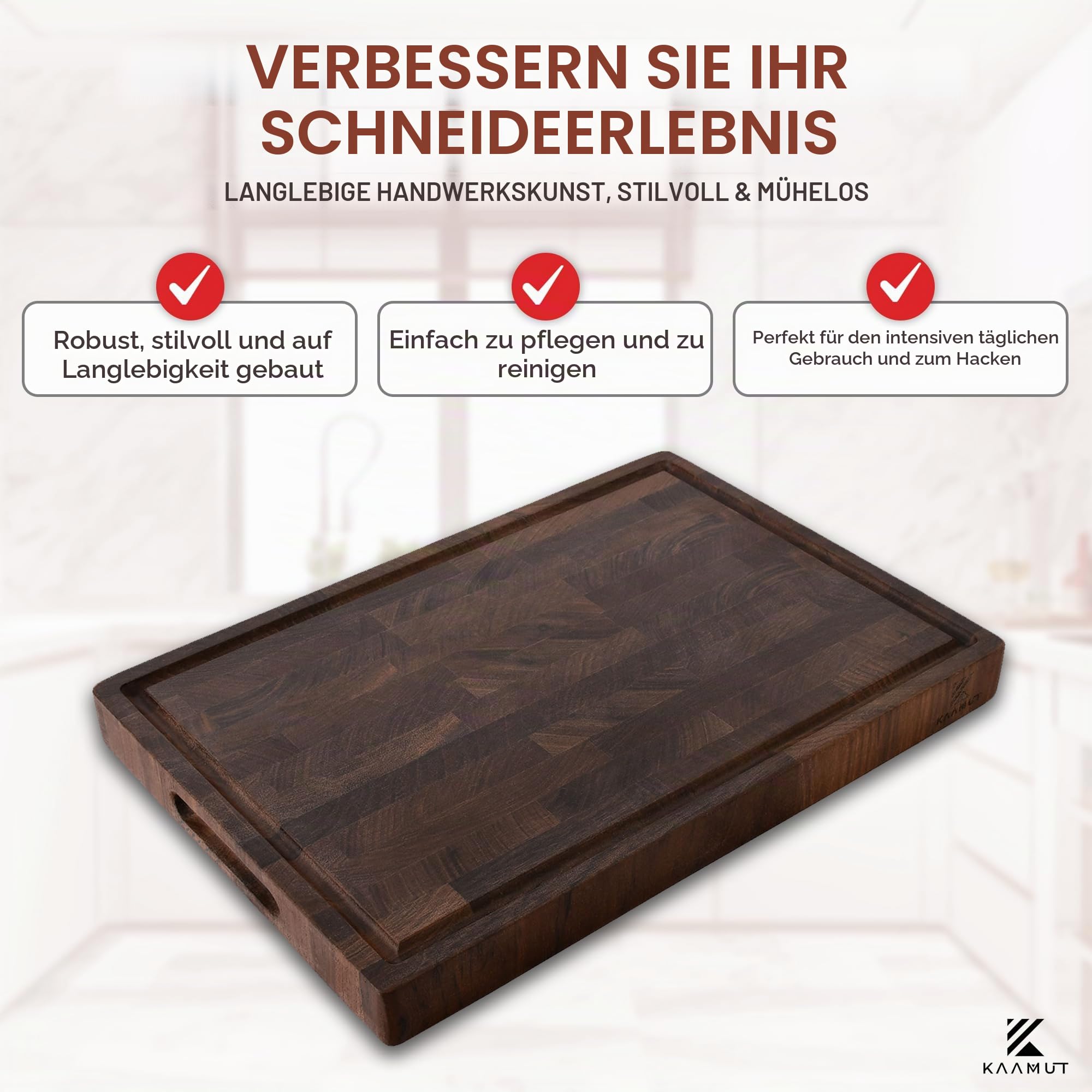Schneidebrett aus Nordamerikanischem Schwarznuss-Holz – Massives Hirnholz – 40×27,5×3,5 cm – Extra Dick & Langlebig – Saftrille, Griffe & rutschfeste Füße – Inklusive Premium Holzpflegewachs