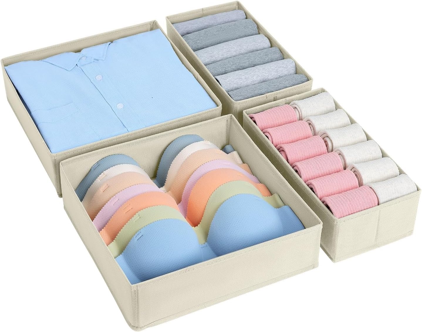 DIMJ 4 Pack Drawer Organizer Clothes - Foldable Dresser Underwear Drawer Organizer Bins, Sock Bra Storage for baby Clothes, Bedroom, Office, Beige Sand