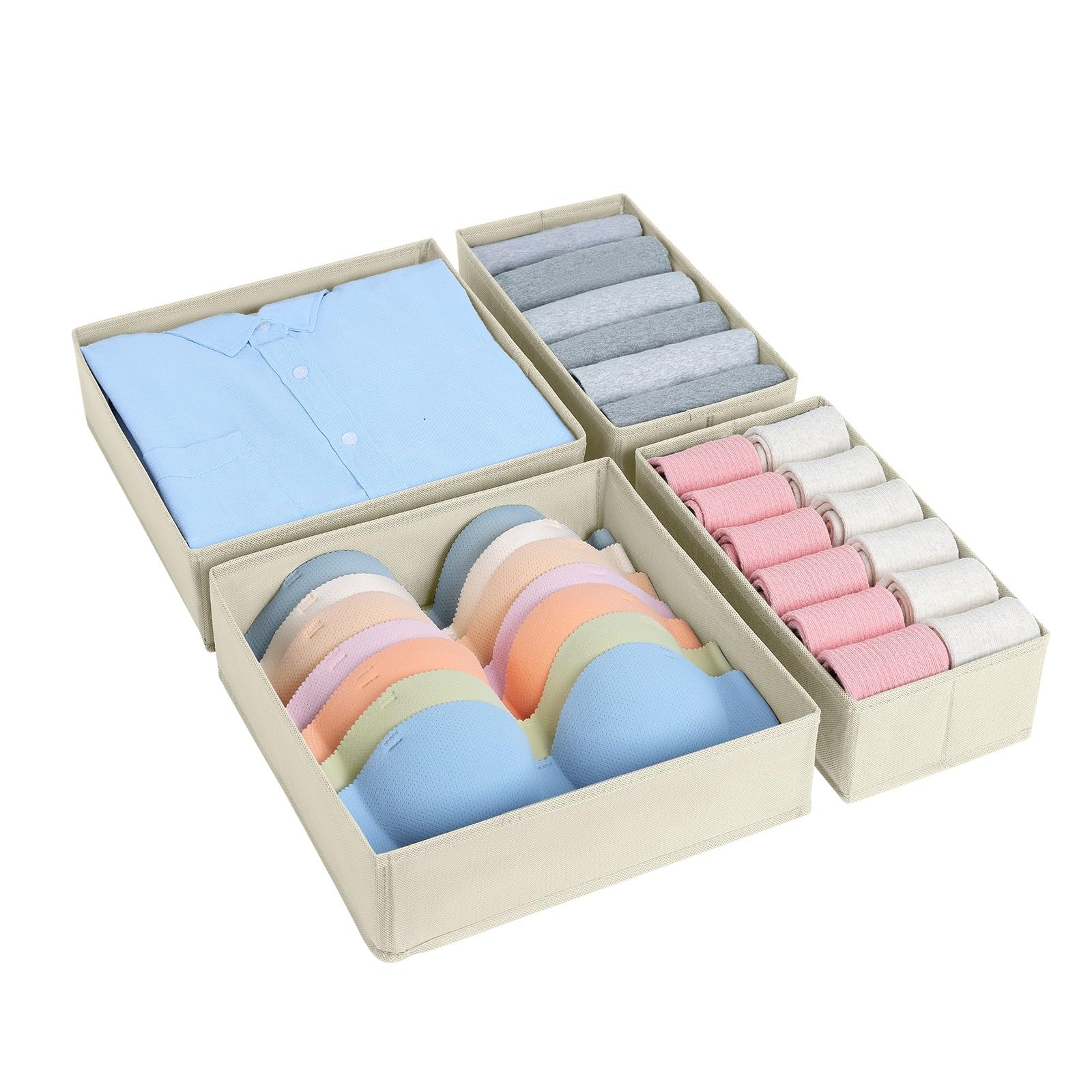 DIMJ 4 Pack Drawer Organizer Clothes - Foldable Dresser Underwear Drawer Organizer Bins, Sock Bra Storage for baby Clothes, Bedroom, Office, Beige Sand