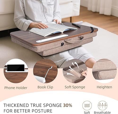 Miniatura 2 de Escritorio prémium para laptop con soporte para teléfono, acabado de grano de madera, escritorio portátil de regazo de 21 pulgadas, base acolchada