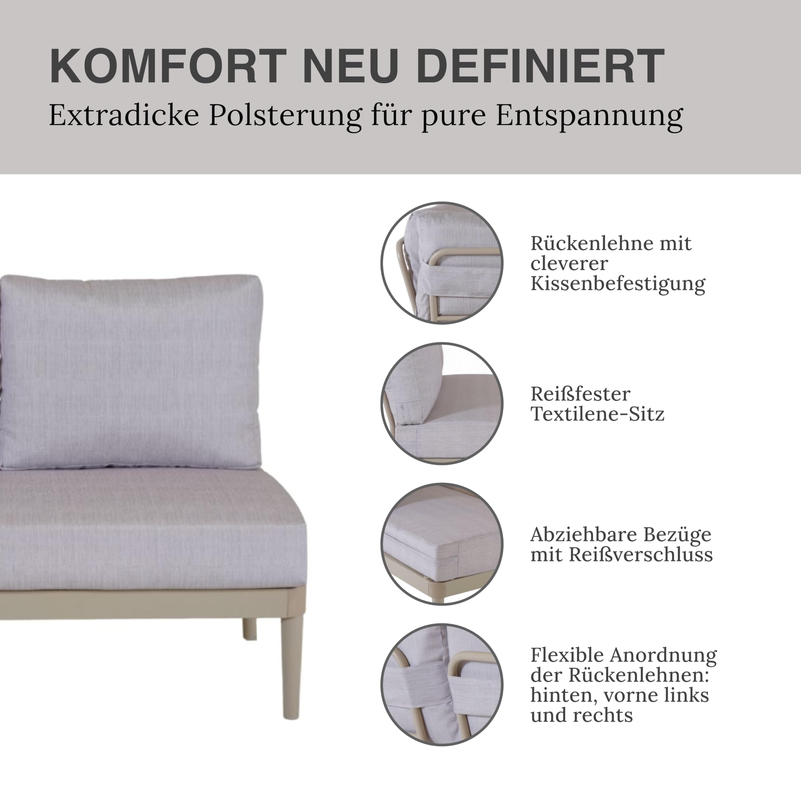 Modulares Doppelsitz Element Sandbeige, 118x83x65 cm: Premium Zweisitzer Outdoor Sitzlounge, Alurahmen rostfrei, 15 cm Polster, wetterfest, UV-beständig, waschbar, Garten/Balkon/Terrasse, Luna Lounge