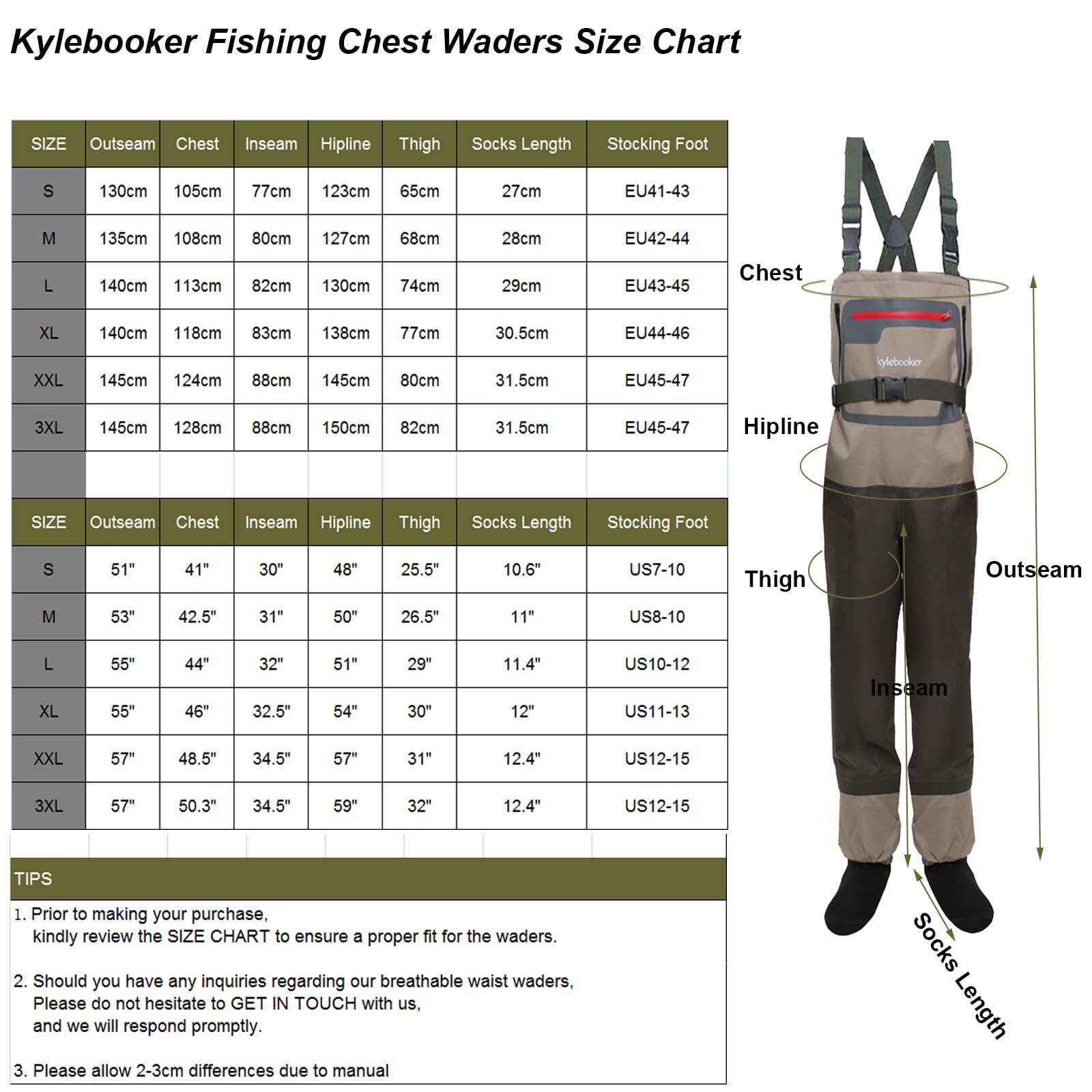 Kylebooker Breathable Neoprene Stockingfoot Fishing Chest Wader