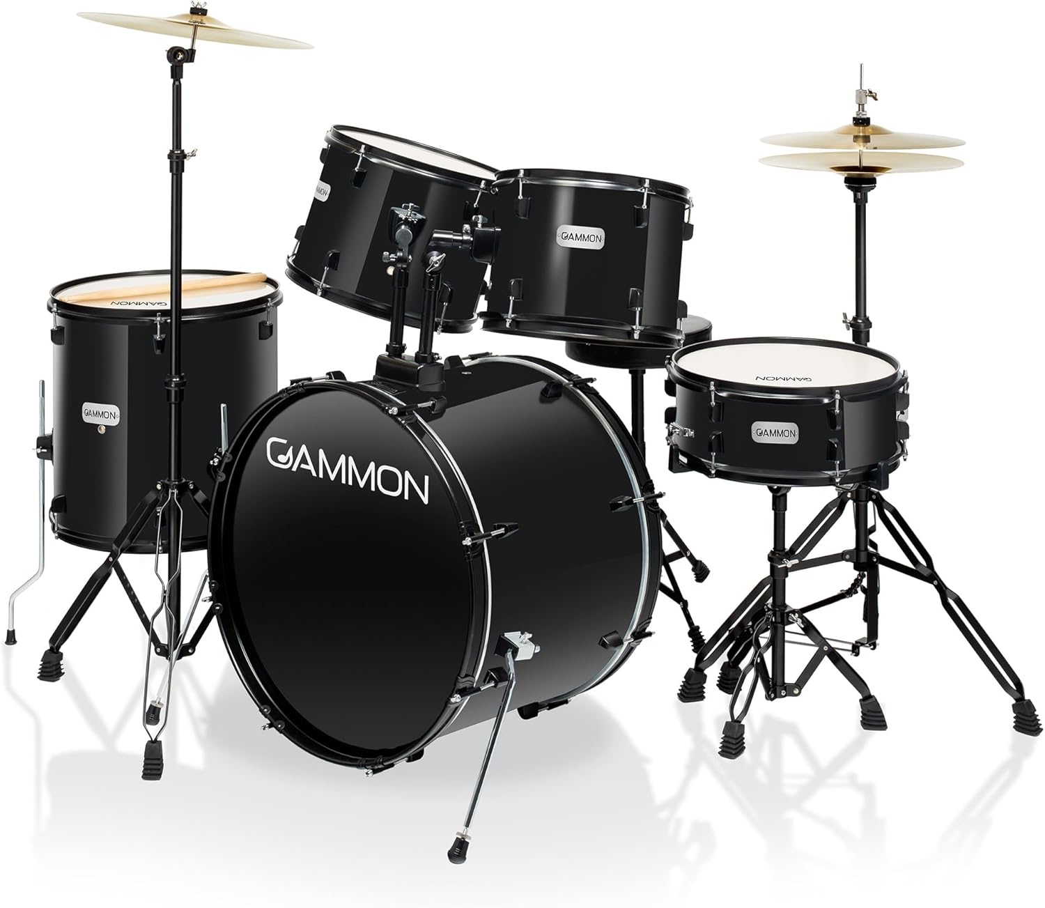 Gammon Percussion Full Size Complete Adult 5-Piece Drum Set with Cymbals, Stands, Stool, and Sticks - Black