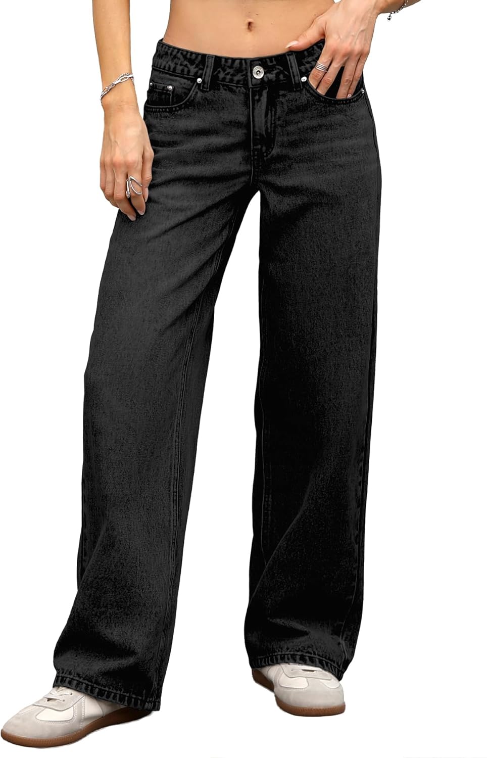 ELLEVEN Women's Low-Rise Baggy Jeans, High Stretchy Y2K Wide Leg Jeans Boyfriend Straight Leg Denim Pants