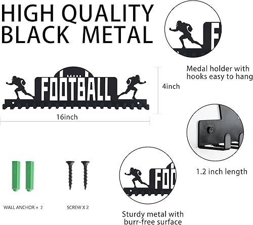 Miniatura 3 de Personalized Football Style Medal Display Hanger Holds Up to 60 Medals, Durable Metal Holder, Awards Organizer Rack, Kids Sports Ribbon Hanger for