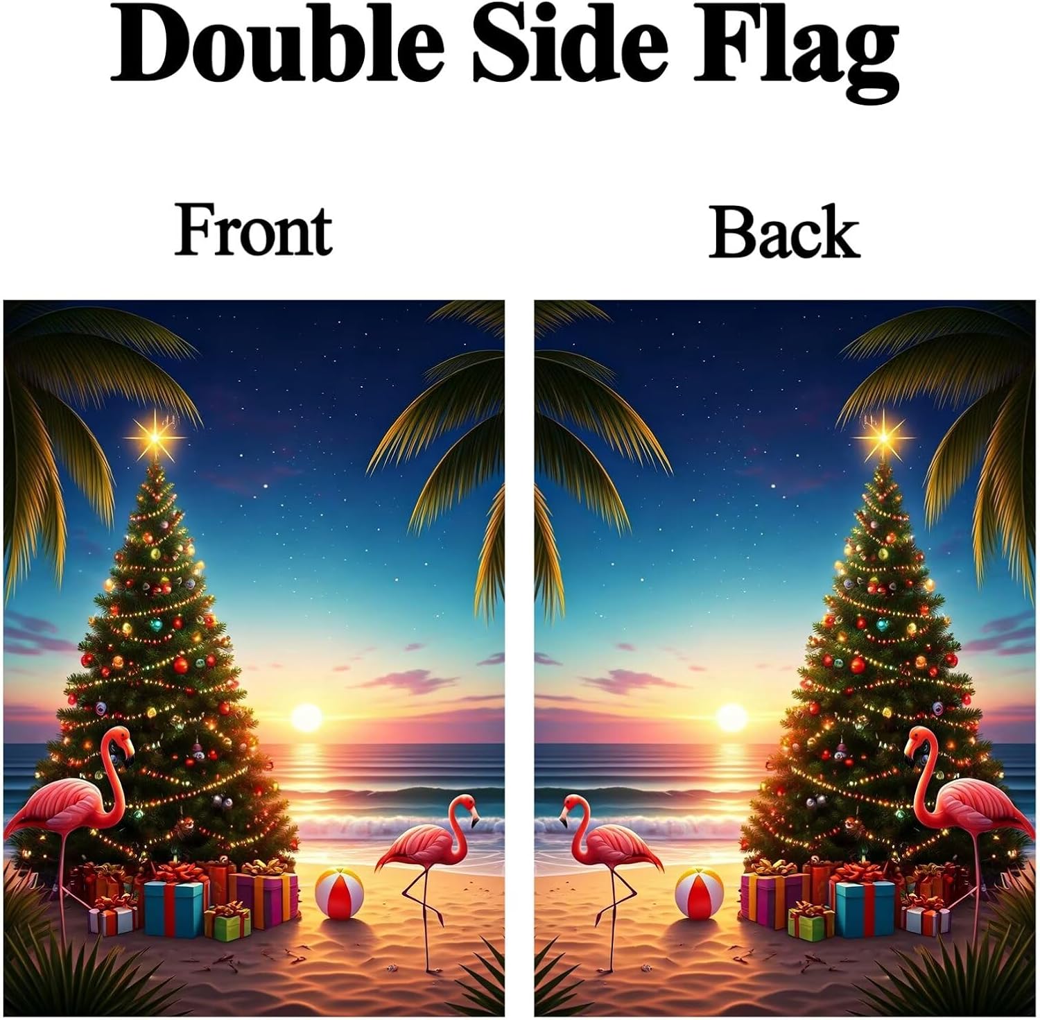 Tropical Christmas Beach Flamingo Xmas Tree Gifts Sunset Seaside Garden Flag 28 x 40 Inch, Double Sided Outdoor Decorative Welcome Yard Flags for Home House Lawn Patio - Image 2