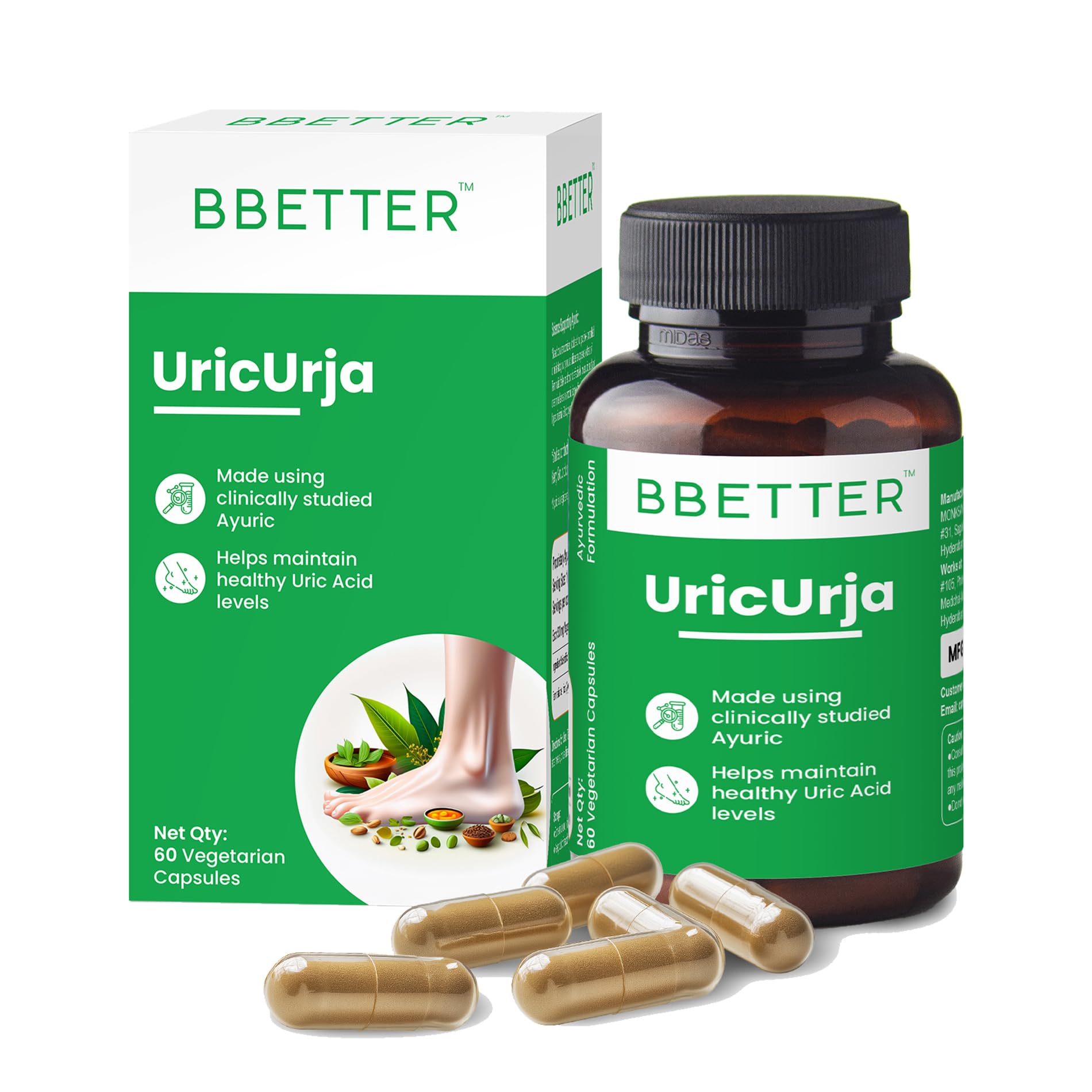 BBETTER UricUrja - Lab Tested Ayurvedic Medicine for Uric Acid Levels Management | Supports Kidney Health | Gout Pain Relief Medicine | 60 Capsules for Healthy Uric Acid Levels