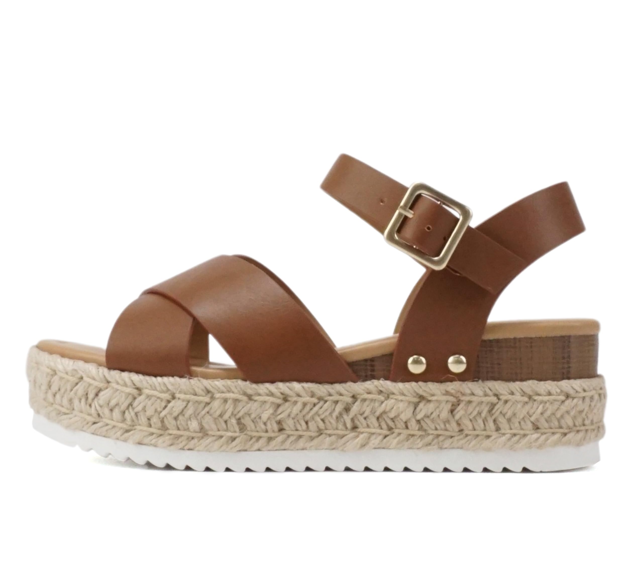 Soda “FIRELY” ~ Women Round Toe Crisscross Band Platform Espadrille Wedge Sandal with Adjustable Ankle Strap