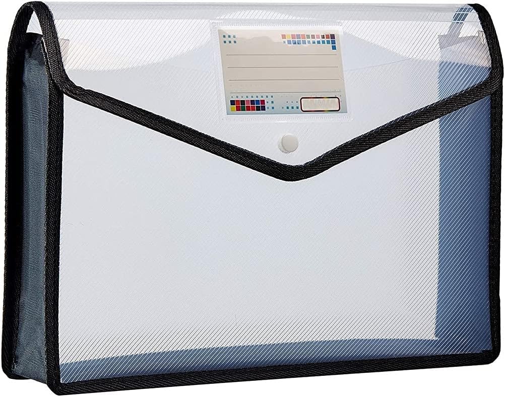 FEDUS Document Holder Envelope Folder,File Storage Bag With Snap Button Transparent Plastic File For A4 Paper Documents File Holder/Document Folder For Certificates Legal Documents Organizers,Pack 5 Black