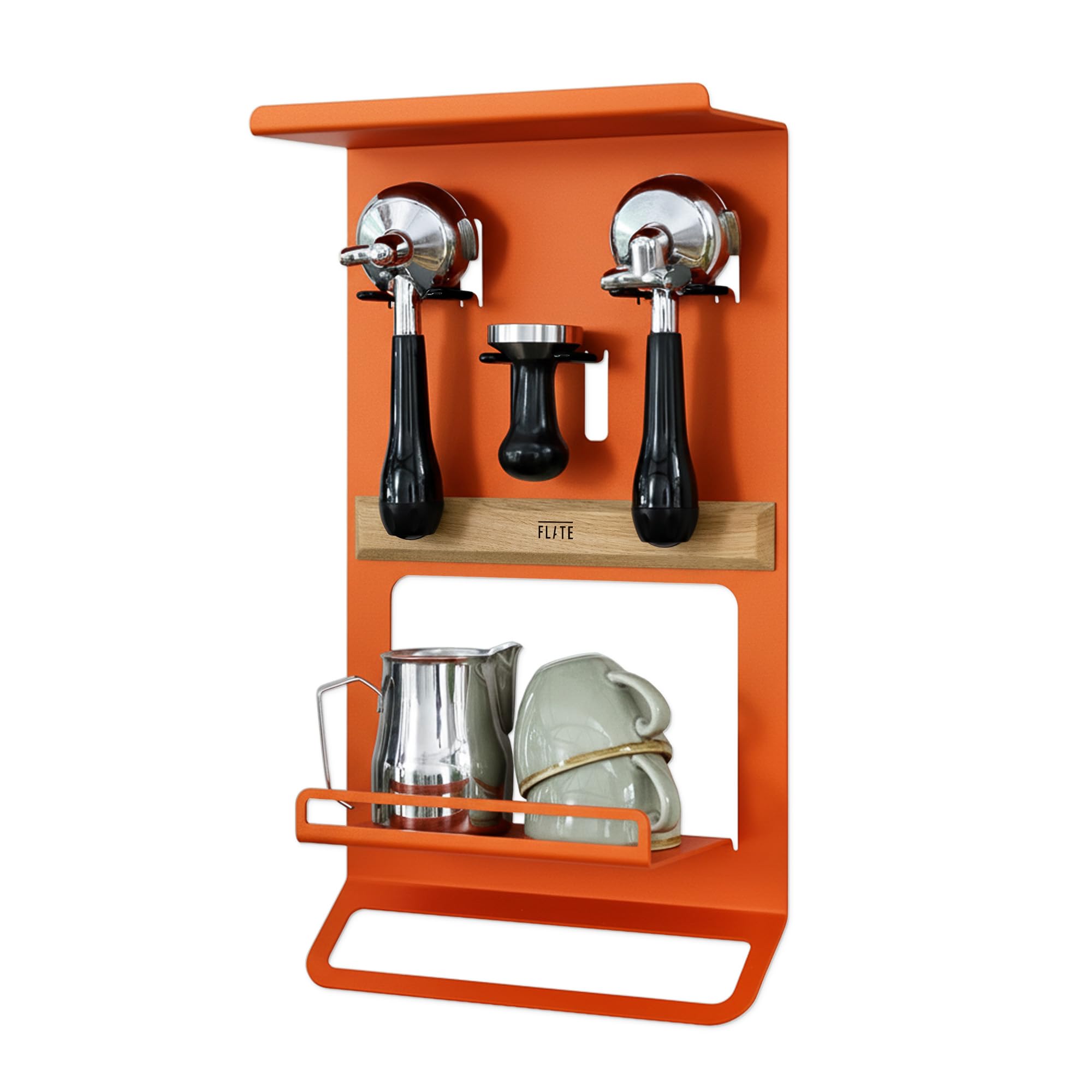 FLATE Barista Shelf for Portafilters, Tamper, and Barista Accessories in Orange (Wall Mount for Coffee Equipment)