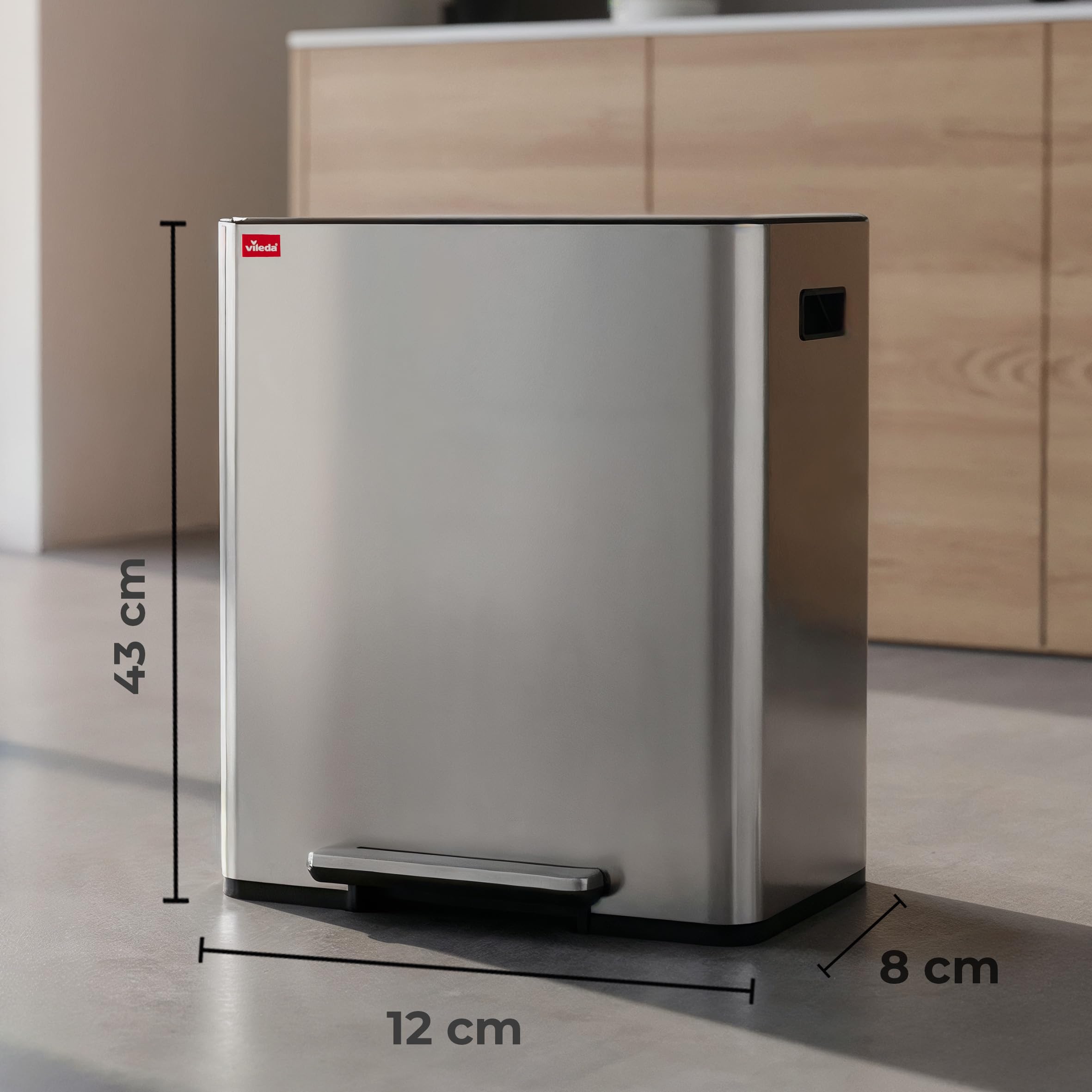 Vileda Mülleimer 60L Edelstahl silber mit 2x 30L Fächern - Treteimer mit Deckel - Abfalleimer 60L mit Soft-Close und 90 Grad Öffnung - Mülleimer Küche 60L - inkl. Einsatzfach für Duftpads im Deckel