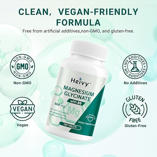 Miniatura 3 de Heivy Glicinato de magnesio puro de 500 mg con vitamina B6, 100% quelado y purificado apoya el alivio nervioso, ayuda para dormir y apoyo muscular