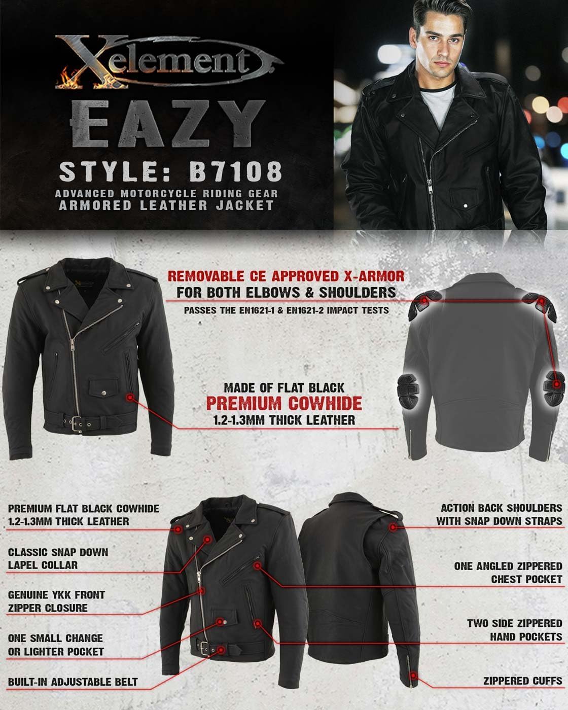 Xelement 'Eazy' Armored Buffalo Leather Motorcycle Jacket for Men - Premium Biker Jacket with Armor - B7108 (Medium)