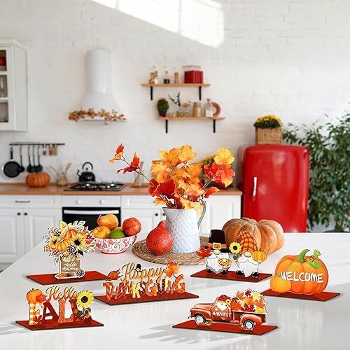 Miniatura 5 de 6 decoraciones de fiesta de Acción de Gracias, mesa de fiesta de cosecha de otoño, decoración de madera de otoño, hojas de arce, pavo y calabaza