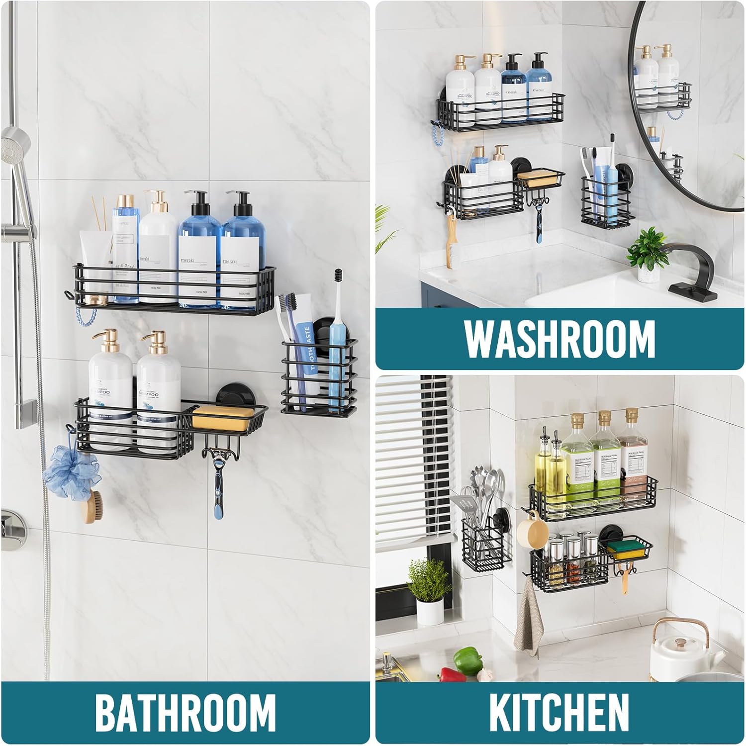 TAILI Shower Caddy Suction Cup, 3 Pack Shelves for Inside with Hooks & Soap Holder Toothbrush Cups, Removable Bathroom Organizer, Rustproof Black Shelves