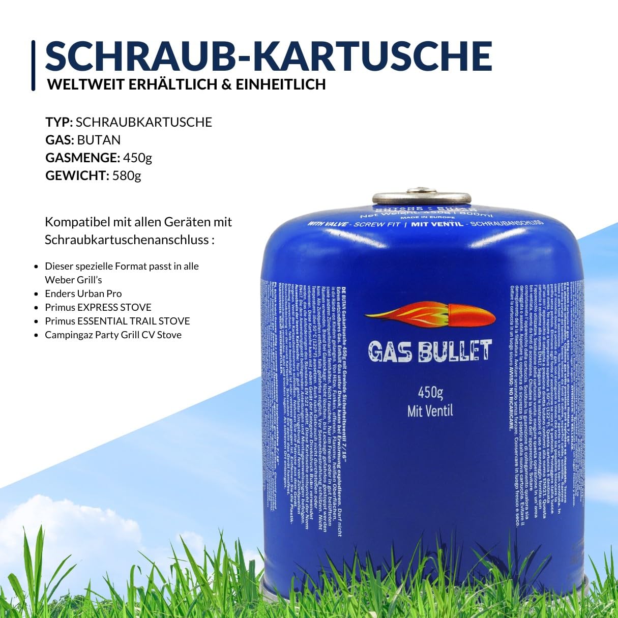 Schraubkartusche 450g passend für Gaskocher, Gasgrills (speziell für Weber) und alle Geräte mit 7/16“ Gewinde | Ideal für Camping/Outdoor/Notfälle (12 Kartuschen)