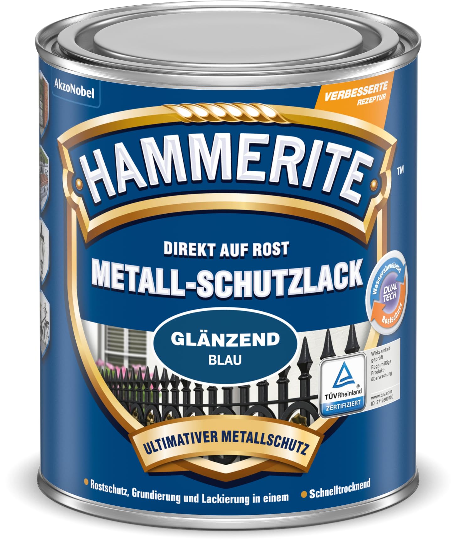 Hammerite Metallschutzlack Glänzend, 3in1- Rostschutz, Blau, 250 ml