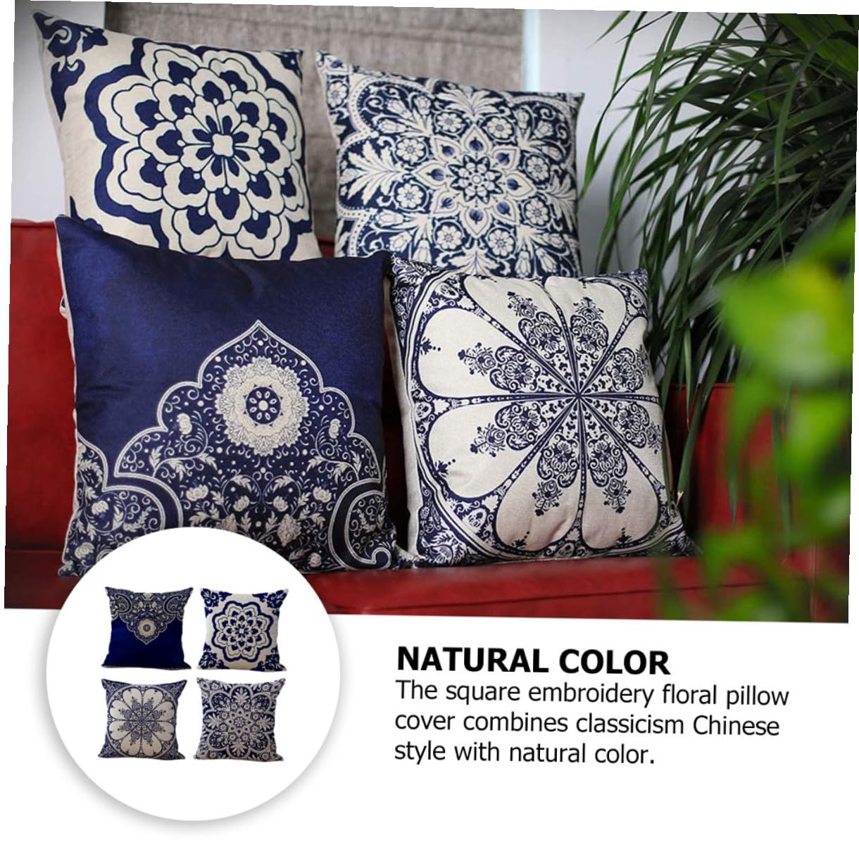 NUOBESTY 4 pezzi Federe Cuscini Quadrate in Lino e Cotone Stile Cinese con Motivo Floreale Classico per Divano Casa Ufficio Copricuscini Decorativi con Chiusura Zip per Soggiorno e Camera