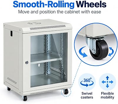 12U Wall-Mount & Rolling Network Cabinet for 19 Rack Equipment Locking Tempered Glass Door, Ventilated Side Panels, Adjustable Rails, Fan Ready, Cable Management, Heavy-Duty Steel