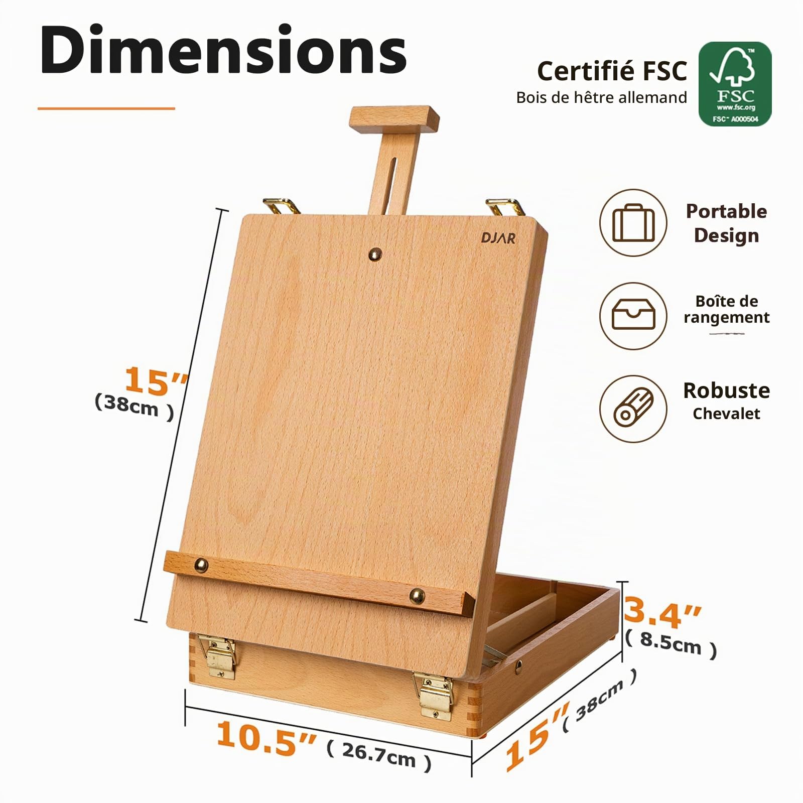 DJAR Chevalet de Table en Bois de Hêtre Massif, Boîte à Croquis de Bureau Portable avec Rangement, Réglable pour Toiles jusqu'à 53 cm, pour Artistes et Débutants