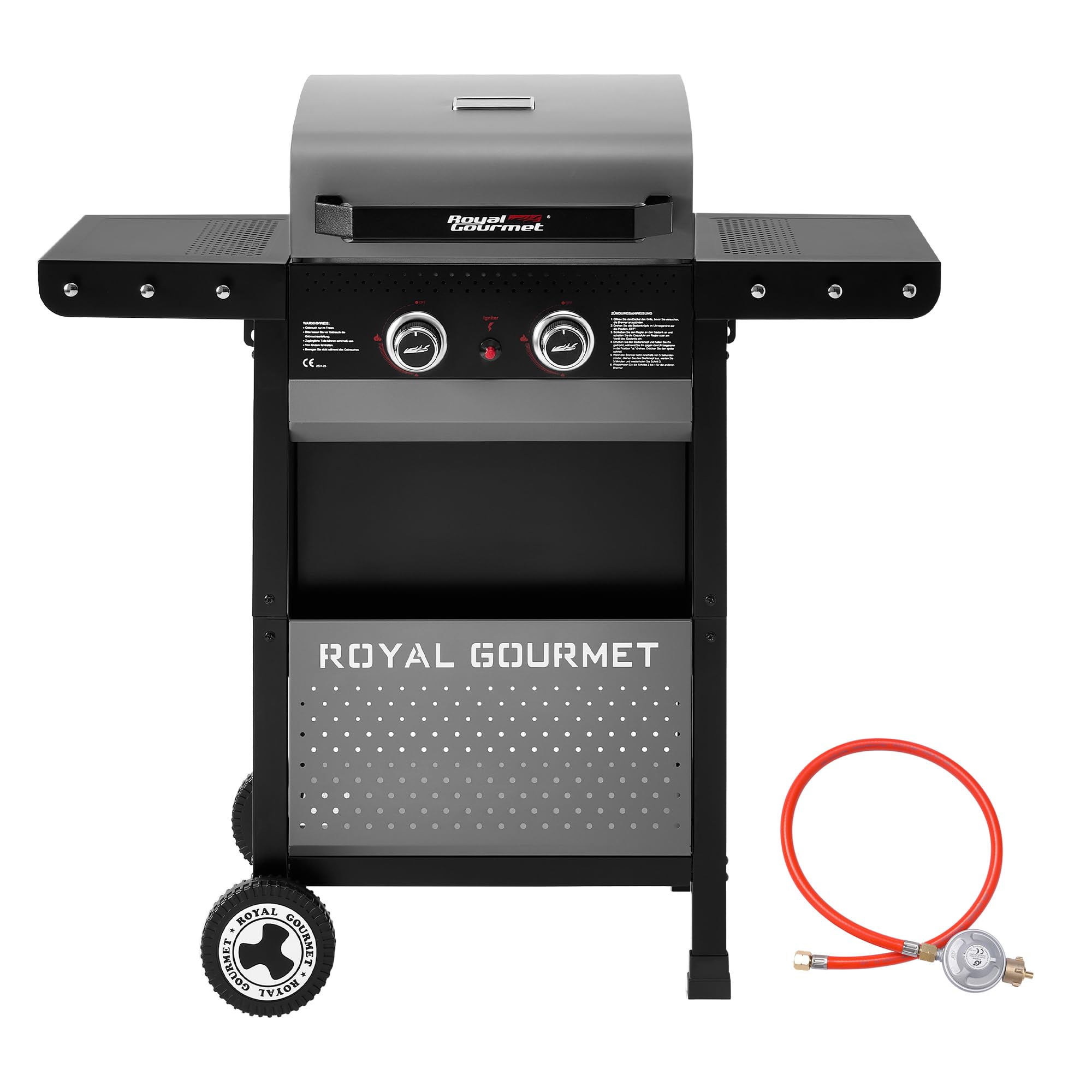 Royal Gourmet 2-Brenner Gasgrill 5 kW Grillwagen mit klappbaren Seitenablagen, Ablagekorb, Outdoor Gasgrill für Balkon, Terrasse, Garten und Camping, Grau