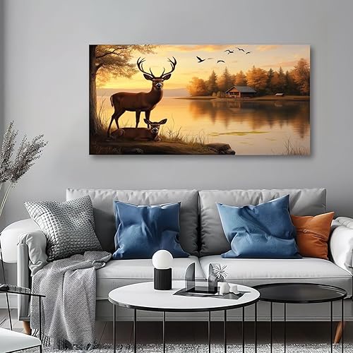 Miniatura 4 de Lienzo de 30 x 60 pulgadas, arte de pared de cazador de animales rústicos dorados, ciervos, cuernos de pie, imágenes enmarcadas para descansar y
