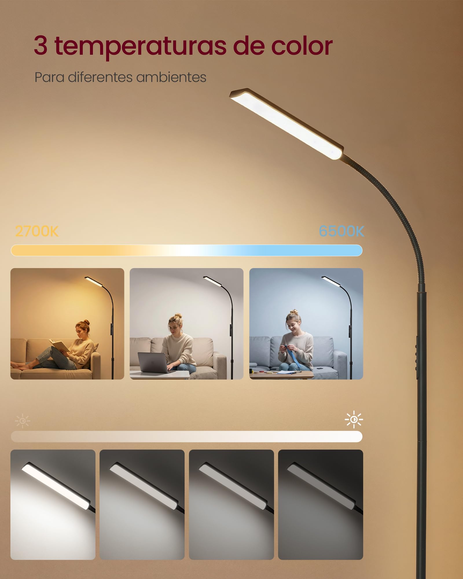 VASAGLE Lámpara de Pie, Altura Ajustable 141-175 cm, Lámpara Moderna de 15 W con Cabezal Flexible de 360°, Temporizador y Función de Memoria, Botón y Mando a Distancia, Salón, Negro Mate LFL007BD02