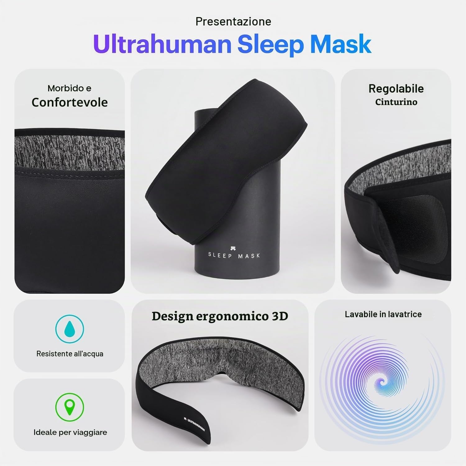 Maschera per dormire Ultrahuman Premium per donne e uomini - Comoda maschera oscurante per gli occhi per dormire, morbida maschera per dormire 3D con custodia da viaggio